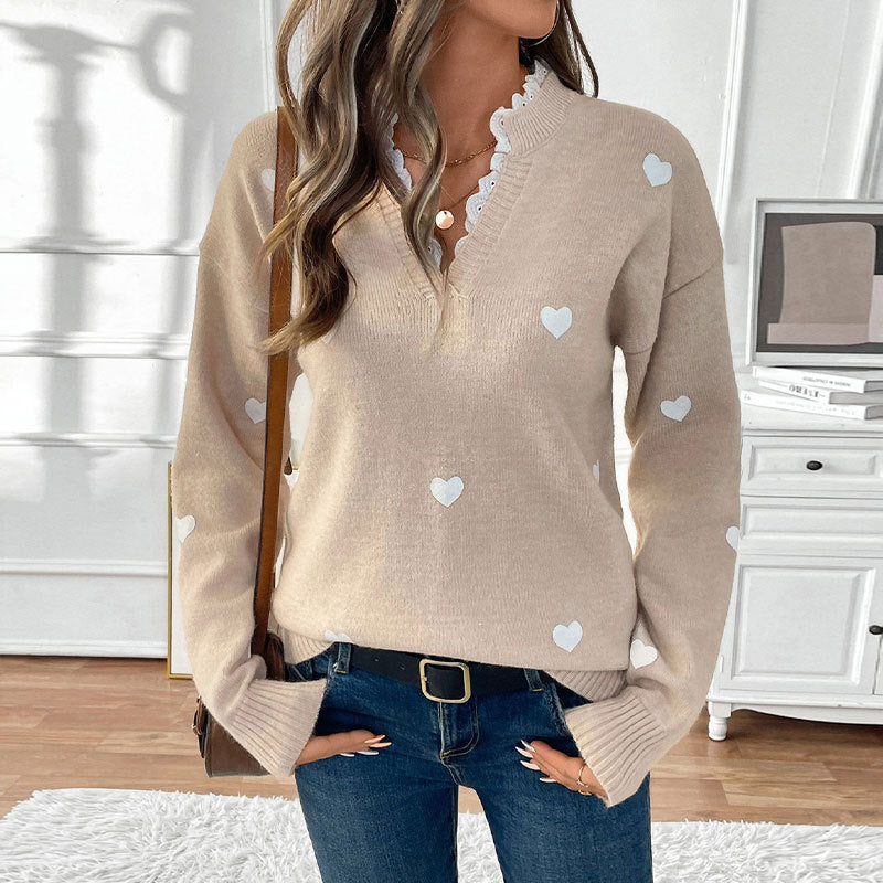Pull Col V Motif Cœur pour Femmes