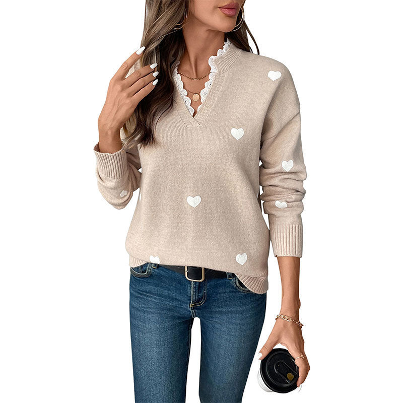 Pull Col V Motif Cœur pour Femmes