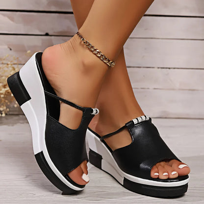 Zoom sur la semelle compensée confortable des mules Veloria en cuir