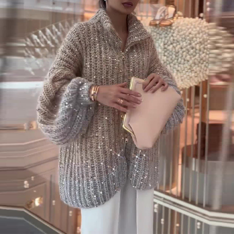 Pull Zippé Élégance Brillante à Sequins