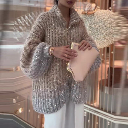 Pull Zippé Élégance Brillante à Sequins